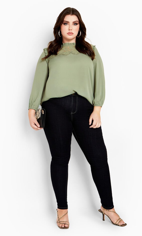 Lace Angel Elbow Sleeve Top - sage, GREEN, alternate image number null