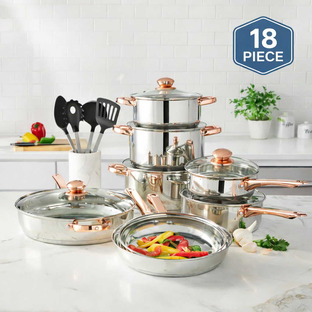 18-PC. Copper Accent Stainless Steel Cookware Set