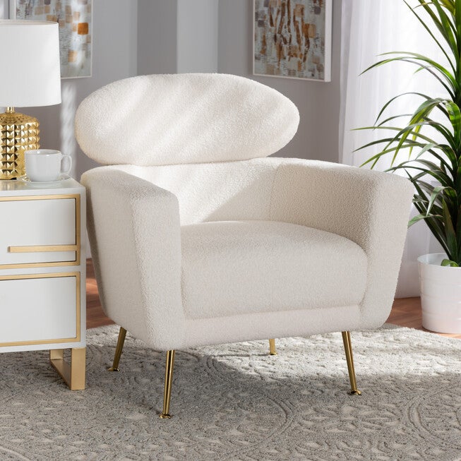 Fantasia Modern and Contemporary Ivory Boucle Upholstered and Gold Metal Armchair, IVORY, hi-res image number 0