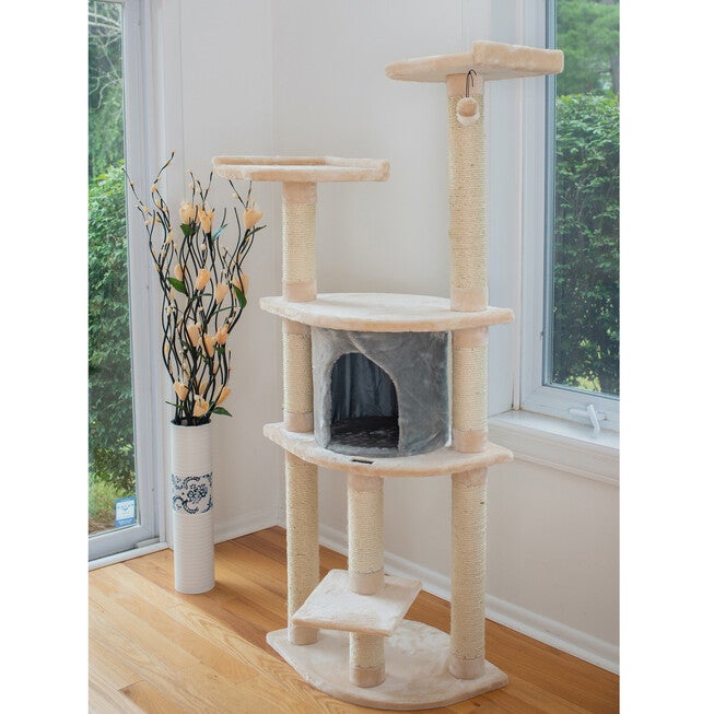 64 inches Real Wood Cat Tree With Sractch Sisal Post, Soft-Side Playhouse, , on-hover image number null