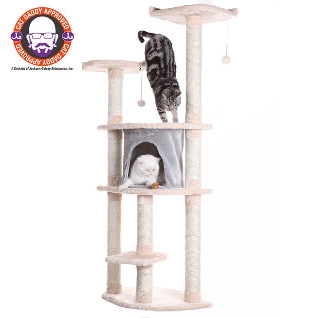 64 inches Real Wood Cat Tree With Sractch Sisal Post, Soft-Side Playhouse, ALMOND, hi-res image number null