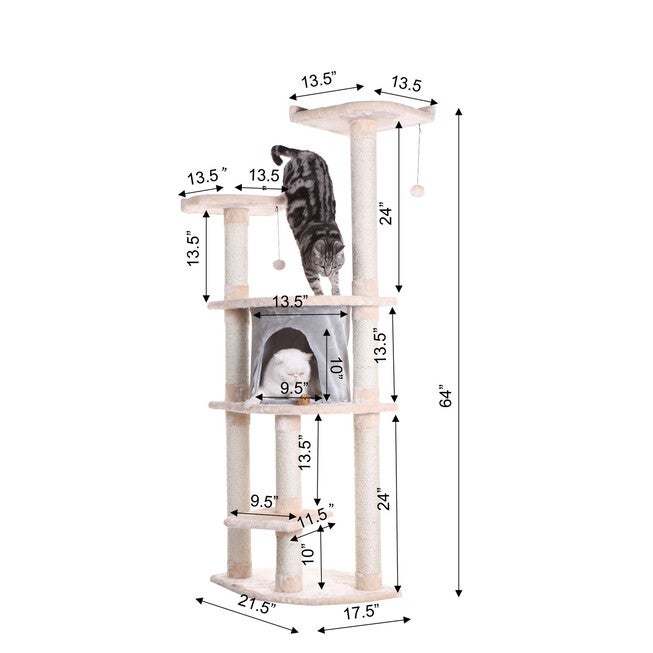 64 inches Real Wood Cat Tree With Sractch Sisal Post, Soft-Side Playhouse, , alternate image number null