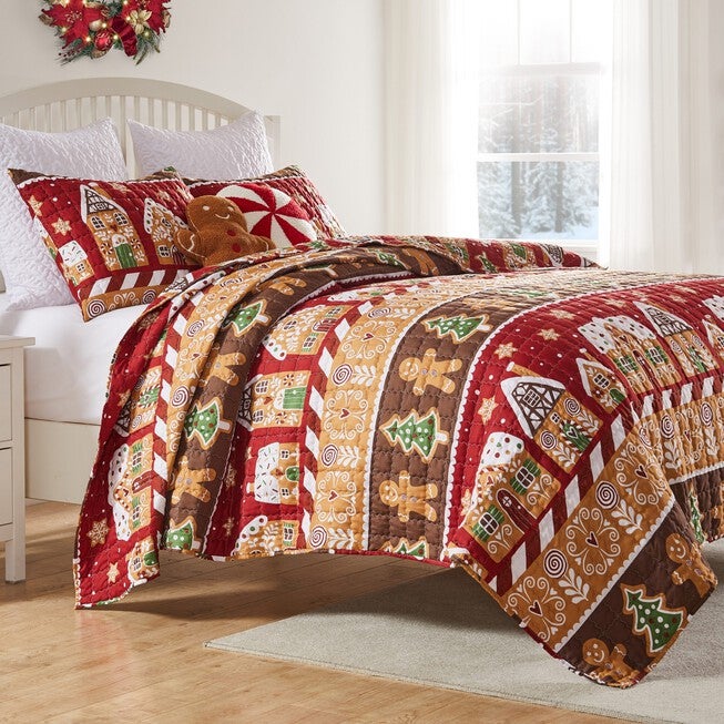Gingerbread Lane Novelty Holiday Quilt Set, Red, 3-Piece Full/Queen, RED, hi-res image number 0