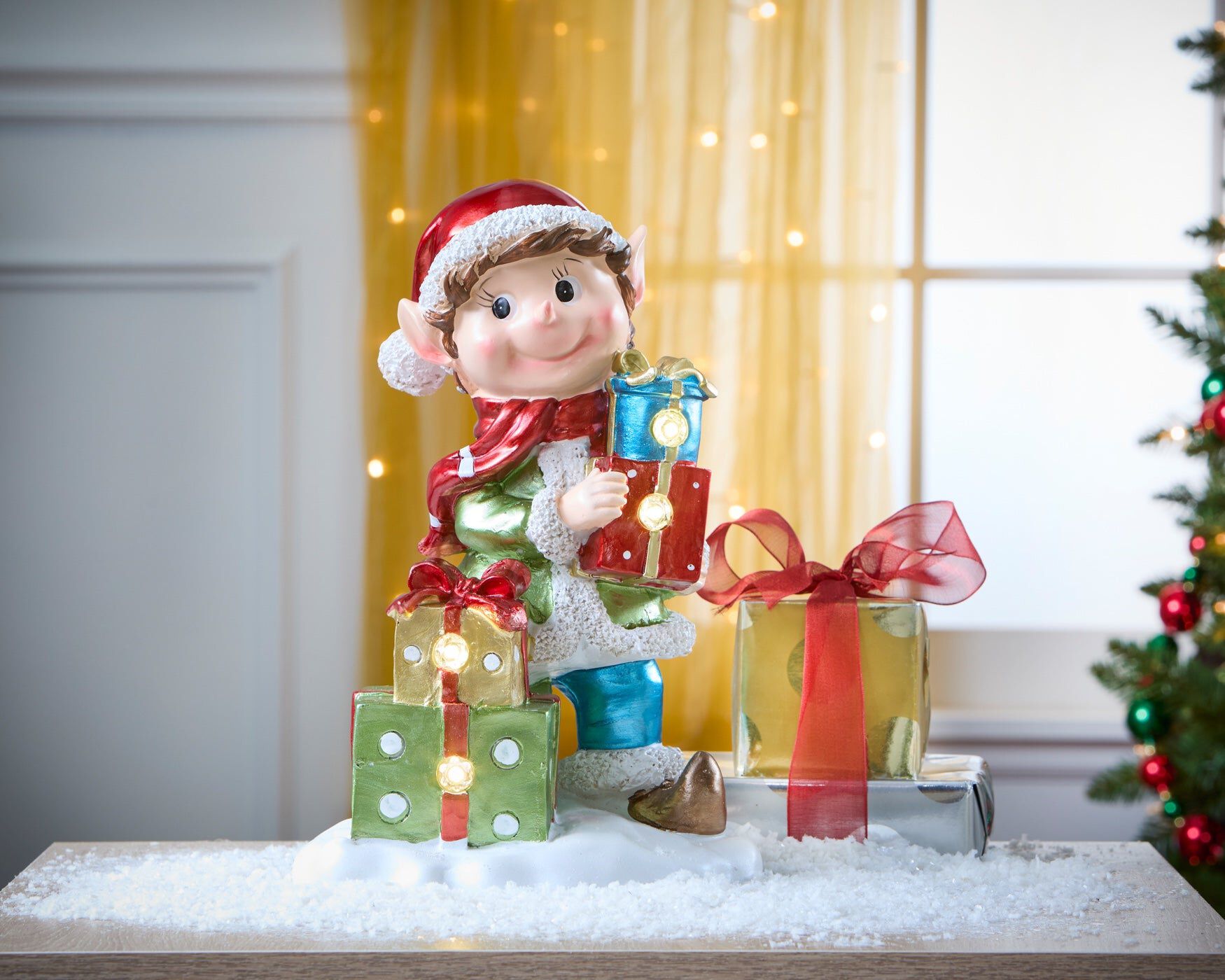 14"H Pre-Lit Elf with Gift Boxes