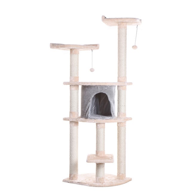 64 inches Real Wood Cat Tree With Sractch Sisal Post, Soft-Side Playhouse, , alternate image number null
