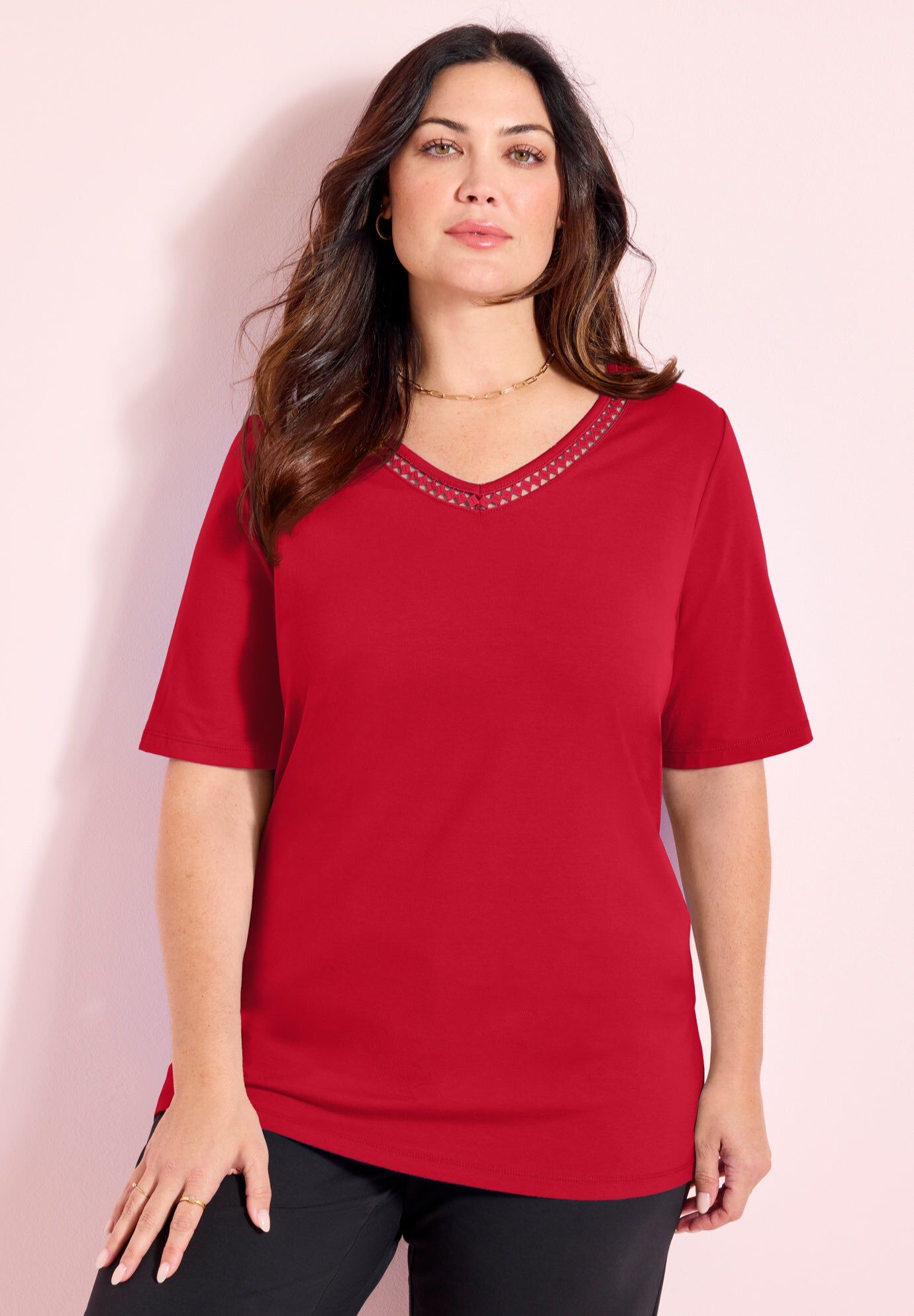 Suprema® Crochet V-Neck Tee, CLASSIC RED, hi-res image number 0