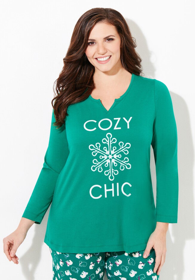 Long-Sleeve Cozy Chic Sleep Tee, GREEN, hi-res image number 0
