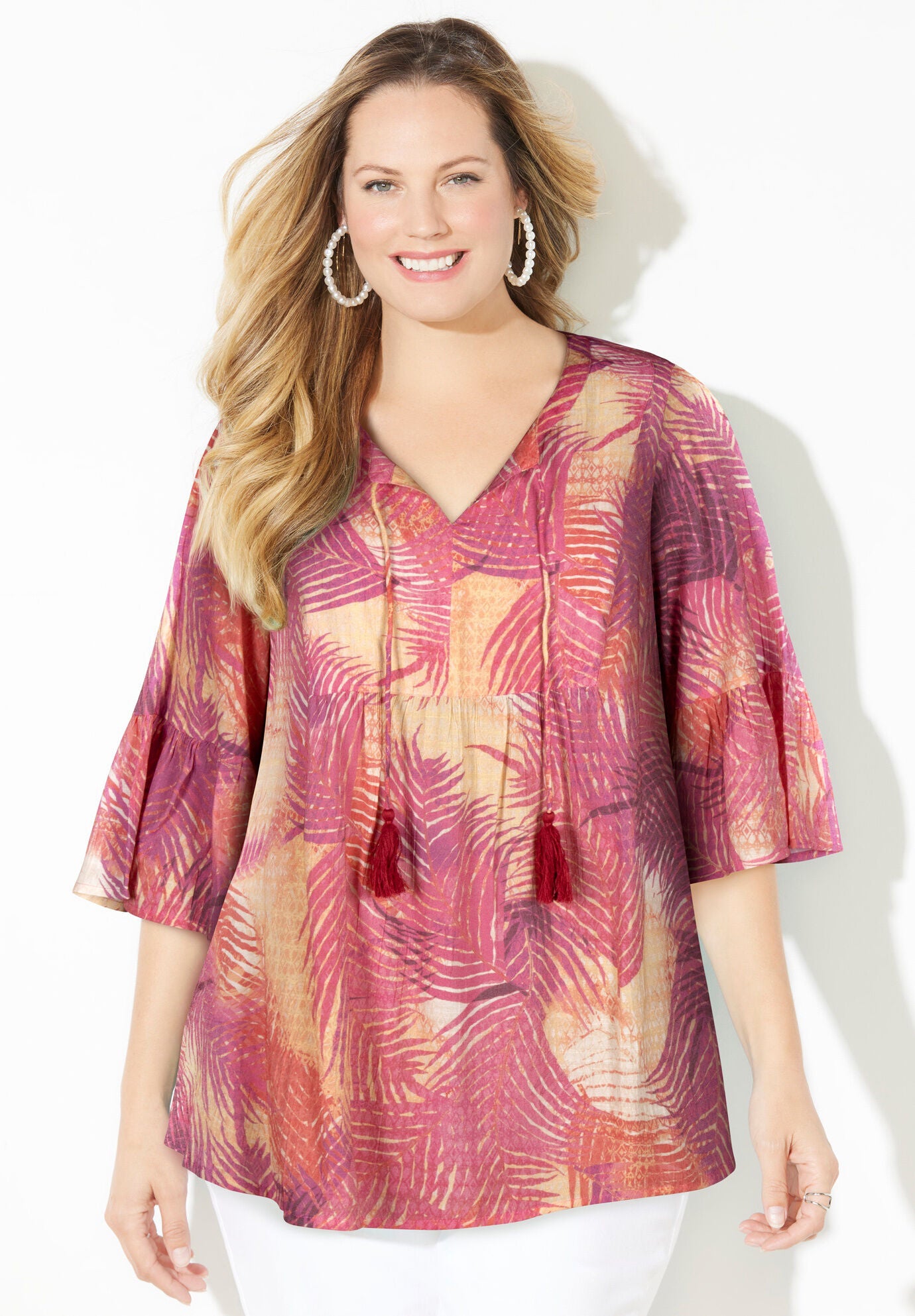 Island Time Flowy Top, PINK BURST TEXTURED TROPICAL, hi-res image number 0