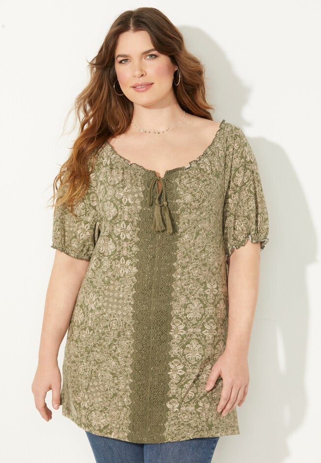 Crochet Trim Peasant Top, OLIVE GREEN OUTLINED DAMASK, hi-res image number 0