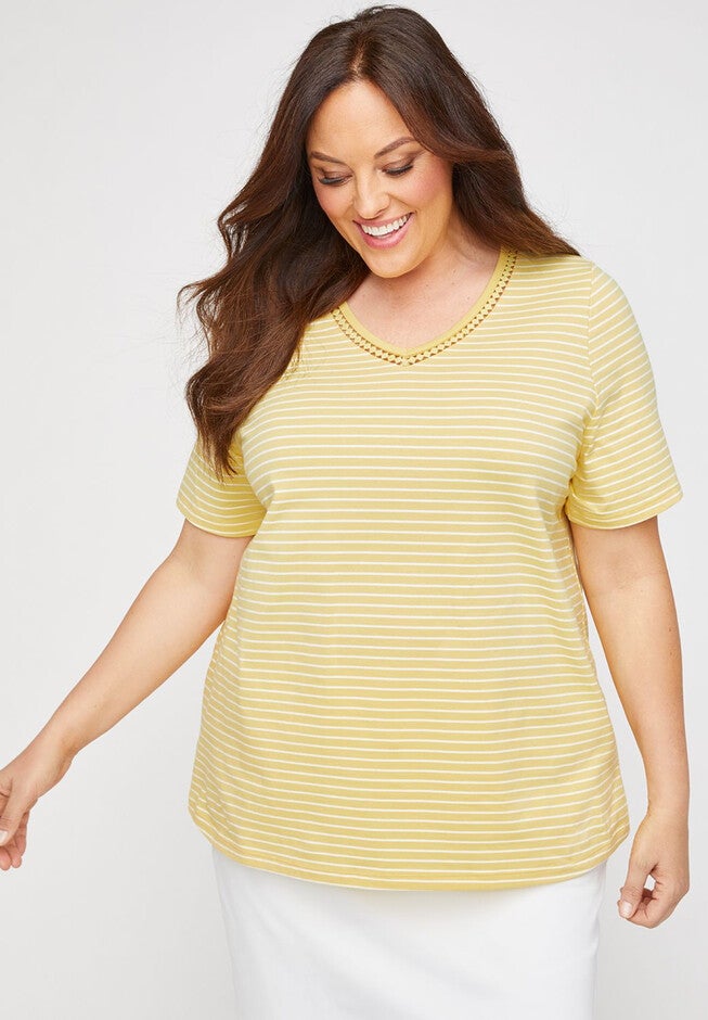 Striped Embroidered-Neck Suprema® Tee, YELLOW STRIPE, hi-res image number 0