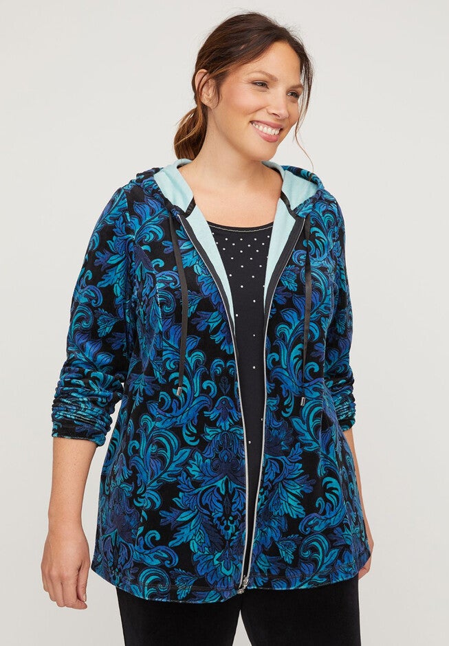 Active Floral Velour Hoodie Jacket, TURQUOISE, hi-res image number 0