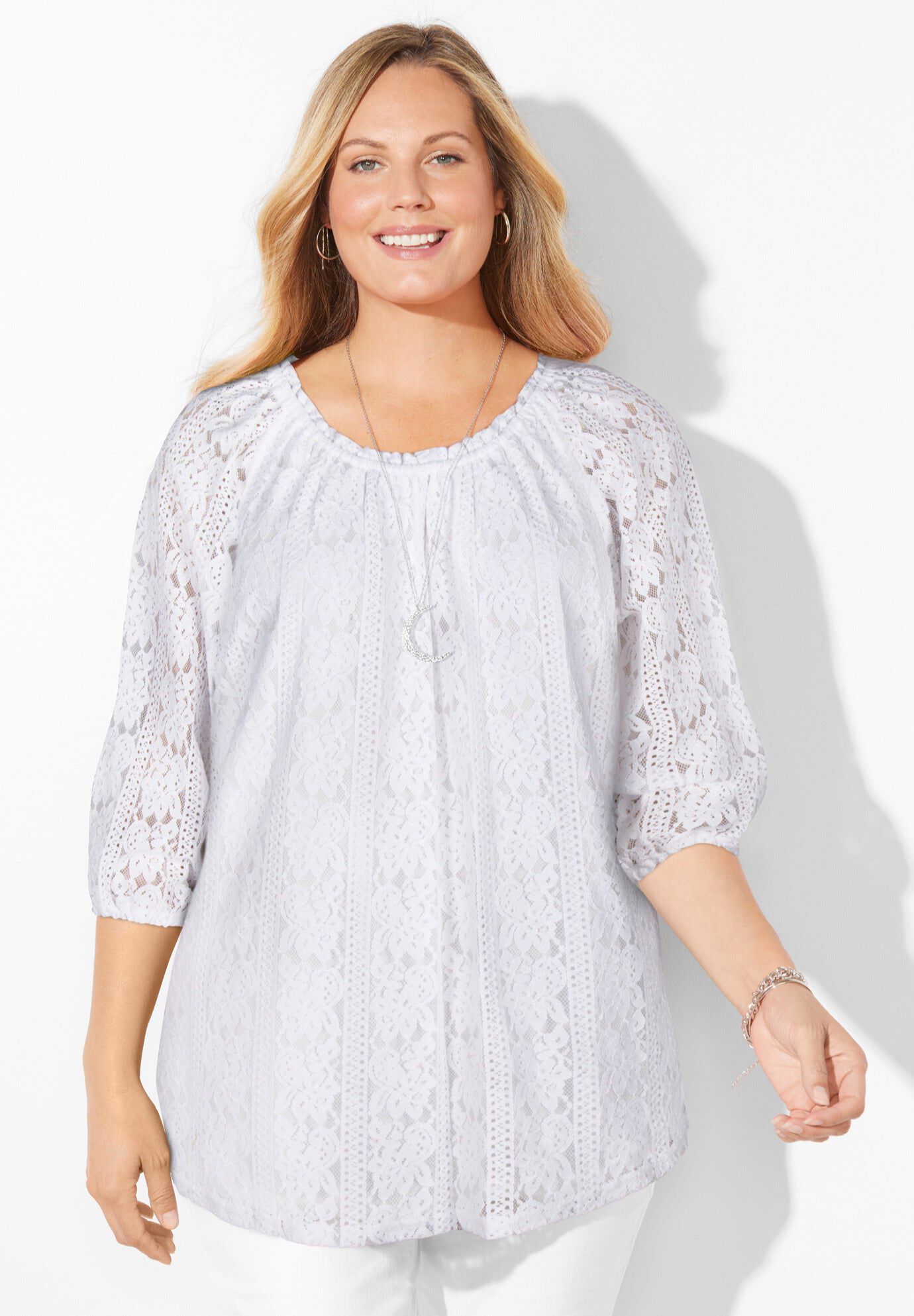 Stretch Lace Peasant Blouse, WHITE, hi-res image number 0