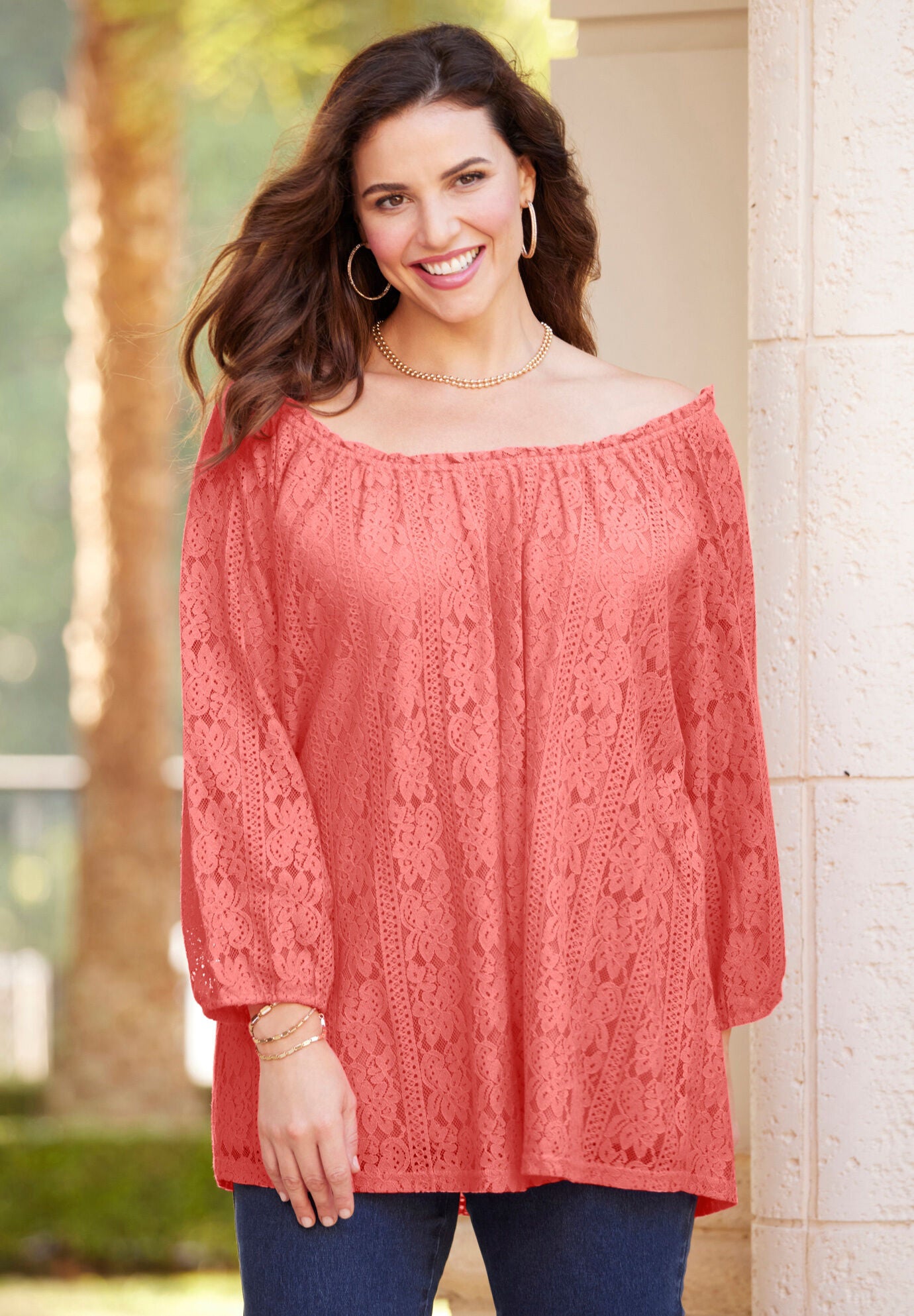 Stretch Lace Peasant Blouse, , alternate image number 2