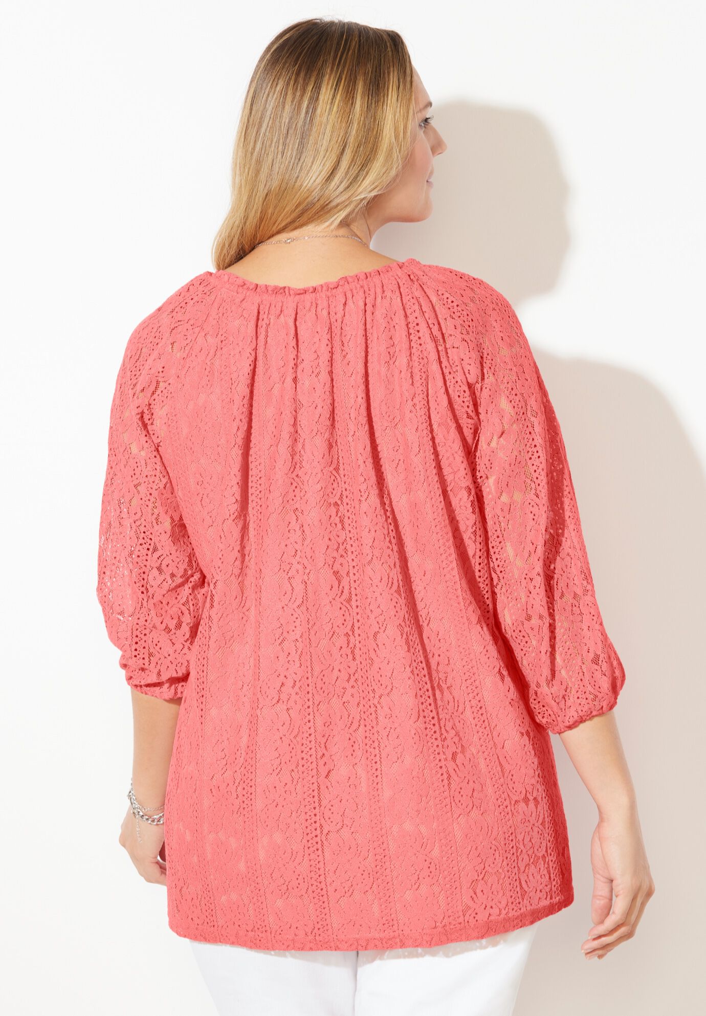 Stretch Lace Peasant Blouse, WHITE, on-hover image number 1