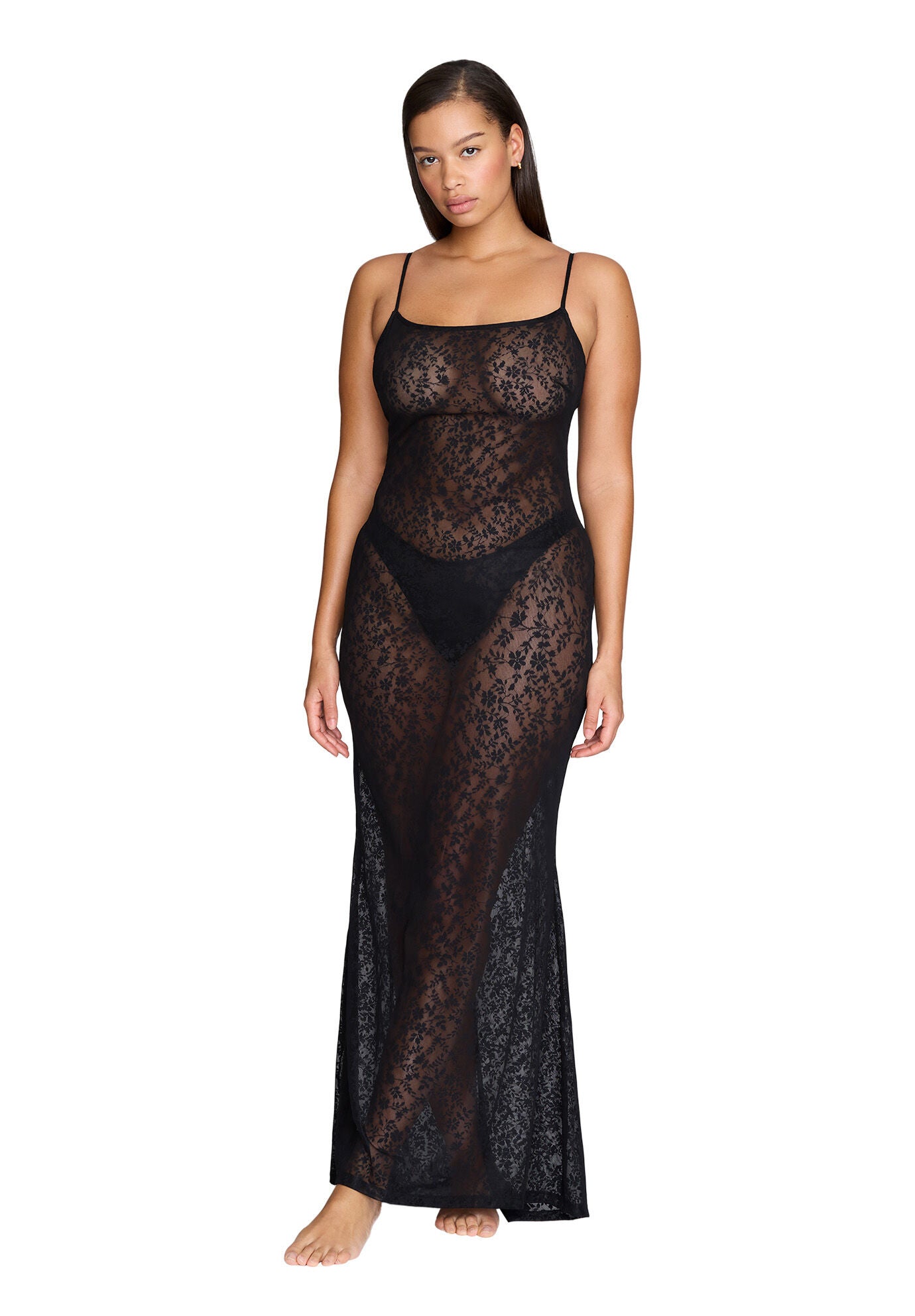 The Long Slip Dress - Botanical Lace, BLACK, alternate image number 2