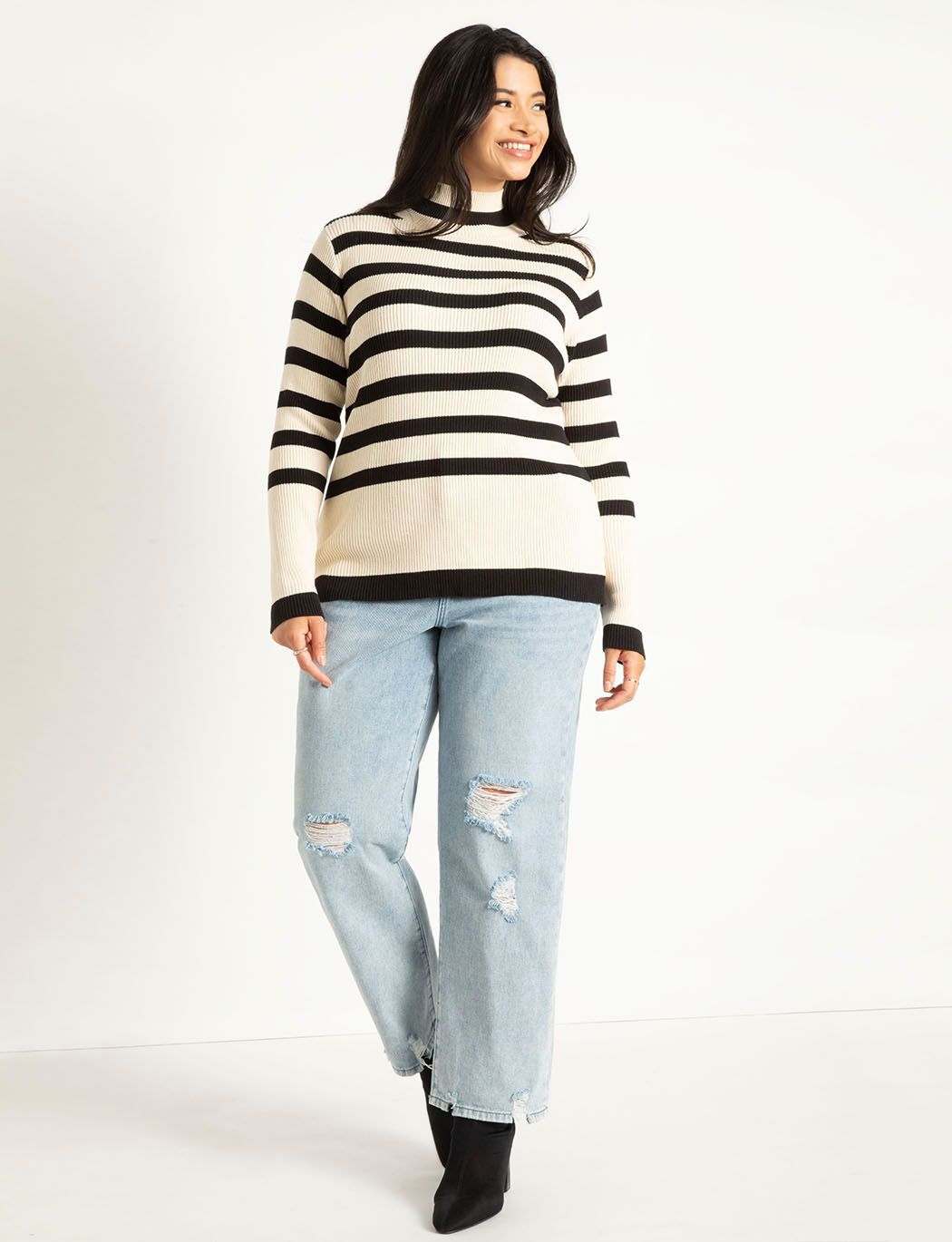 Black and white striped mock turtleneck online