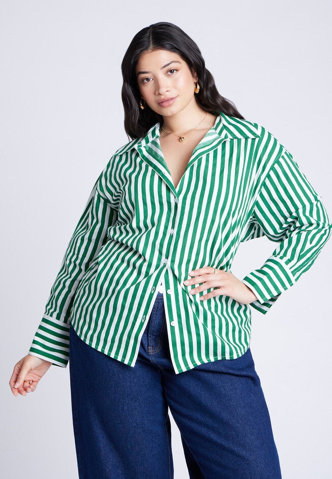 Striped Tie Back Button Up Top, GREEN AND WHITE STRIPE, on-hover image number null