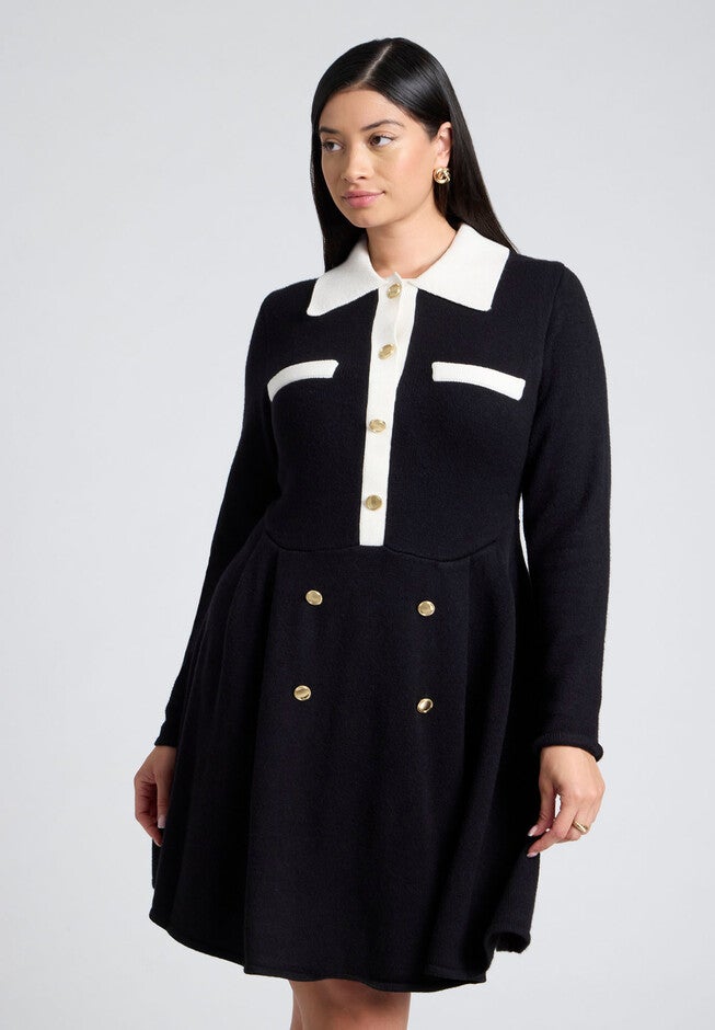 Collared Sweater Dress With Buttons, BLACK WITH WHITE, alternate image number null