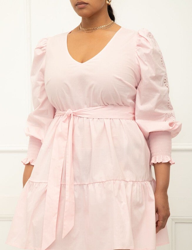 ELOQUII Elements Tiered Dress With Eyelet Sleeve, PINKESQUE, on-hover image number null