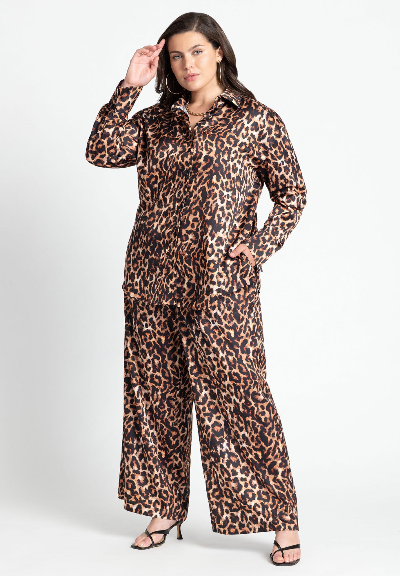Printed Button Up Tunic Top Long Sleeve Leopard Eloquii
