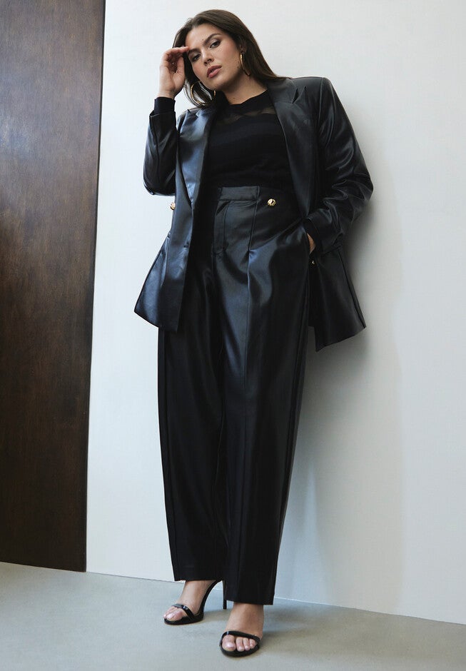 Button Pleat Faux Leather Pant, BLACK, hi-res image number null