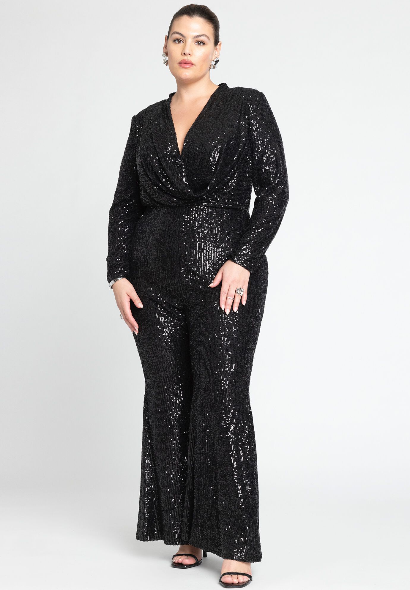 Plus Size Sequined Back Zipper Fitted Draped Pocketed Floor Length Bodycon Dress/Jumpsuit