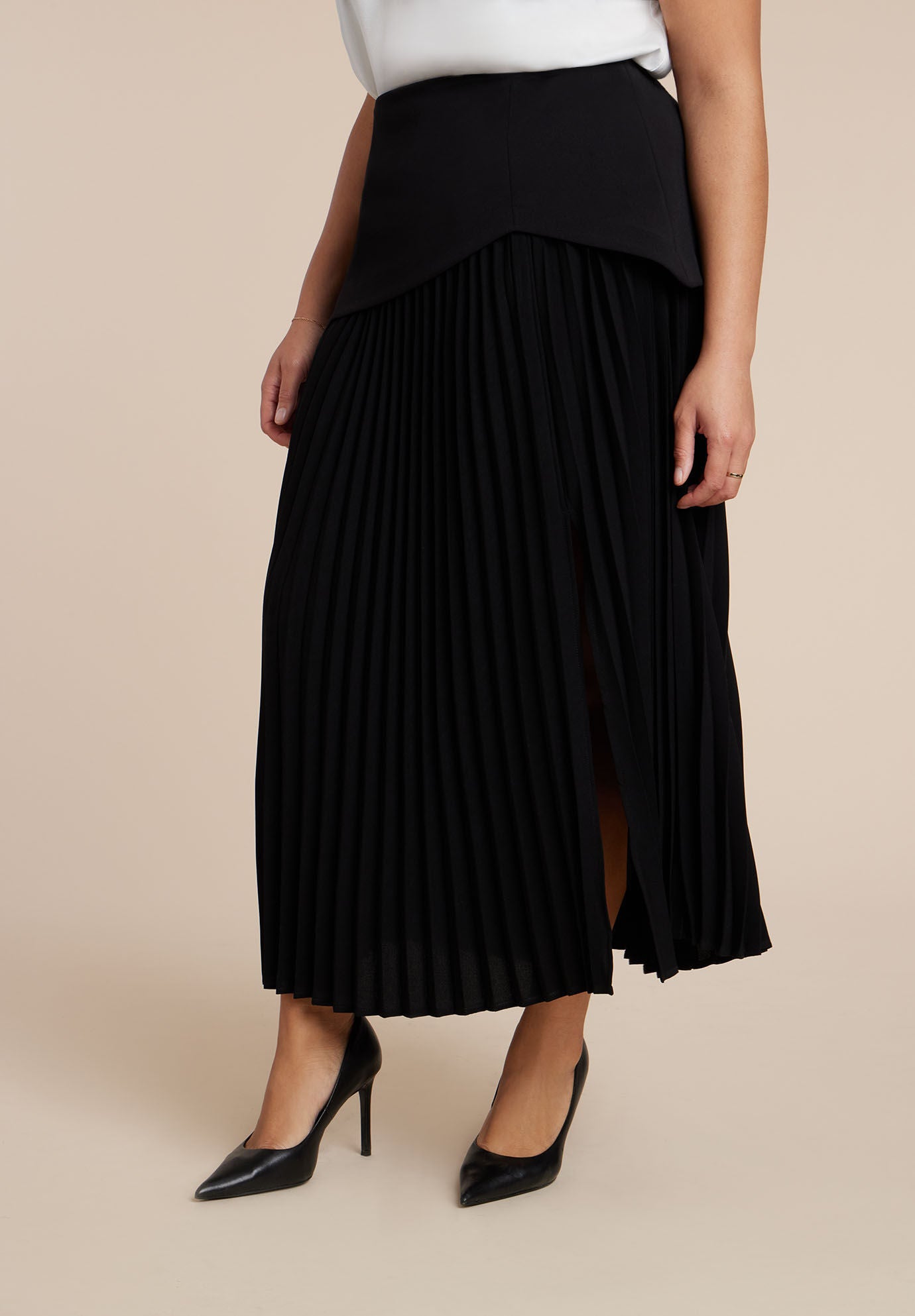 Mixed Media Pleated Skirt, BLACK ONYX, on-hover image number 1