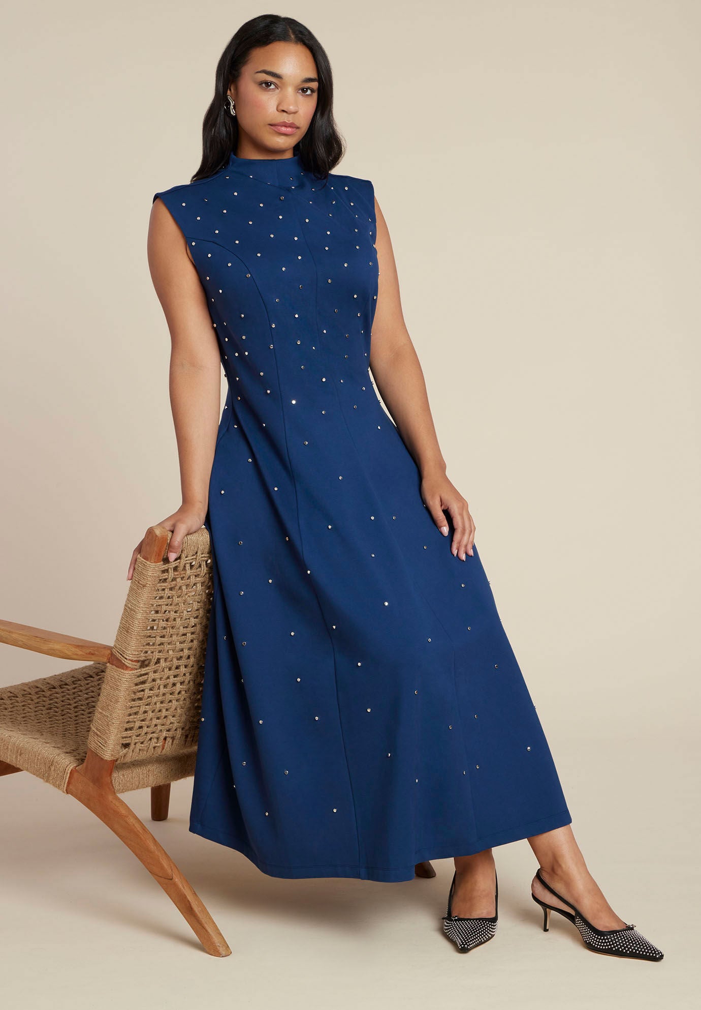 Stud Detail Ponte Midi Dress, TITAN BLUE, hi-res image number 0