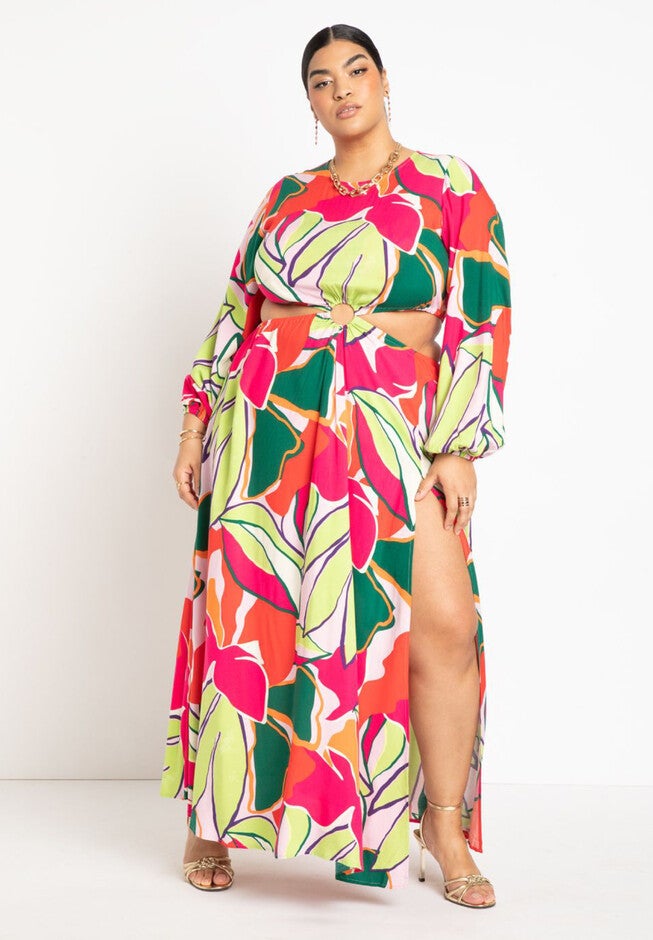 Gabi Fresh Swim x ELOQUII Ring Front Cutout Coverup Maxi Dress with High Slit, , on-hover image number null