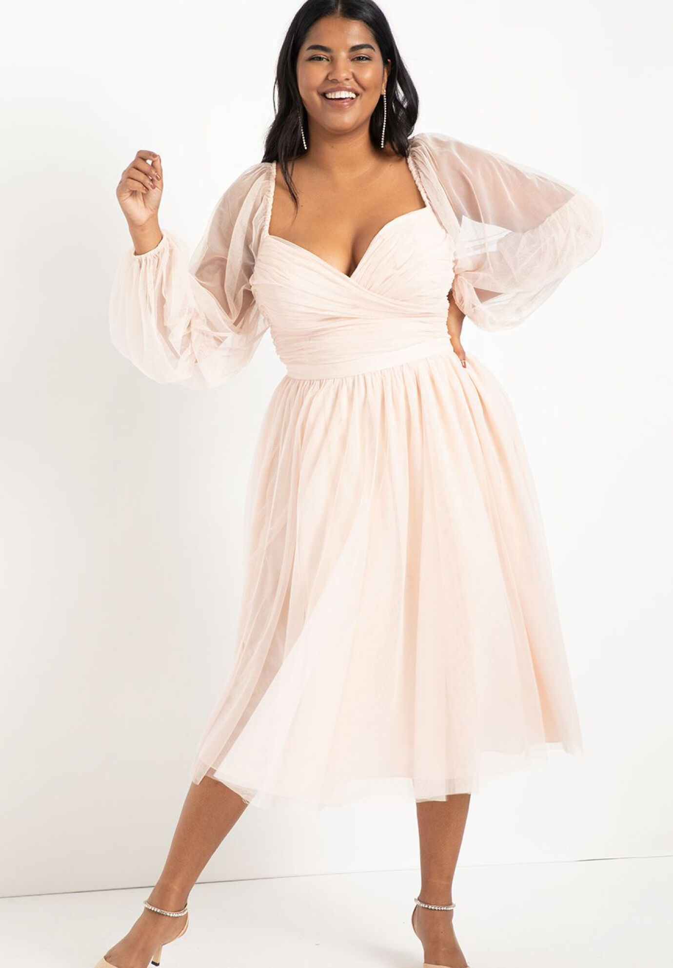 Plus Size Puff Sleeves Sleeves Polyester Full-Skirt Crystal Tiered Back Zipper Dress