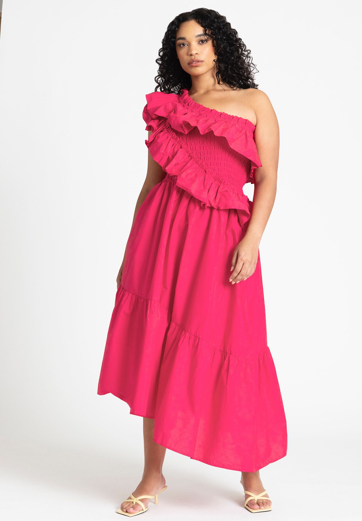 Plus Size One Shoulder Smocked Asymmetric Maxi Dress With Ruffles