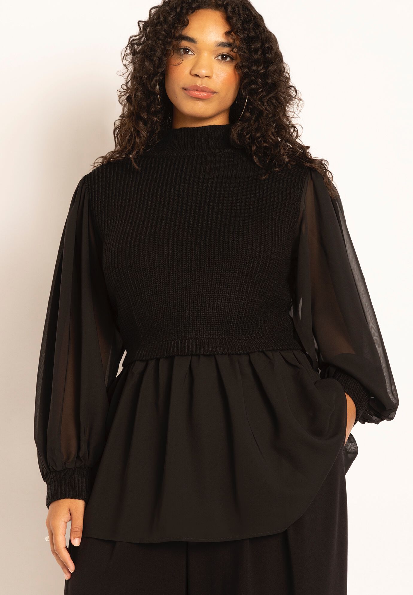 Turtleneck Twofer Sweater with Chiffon Black Onyx Eloquii