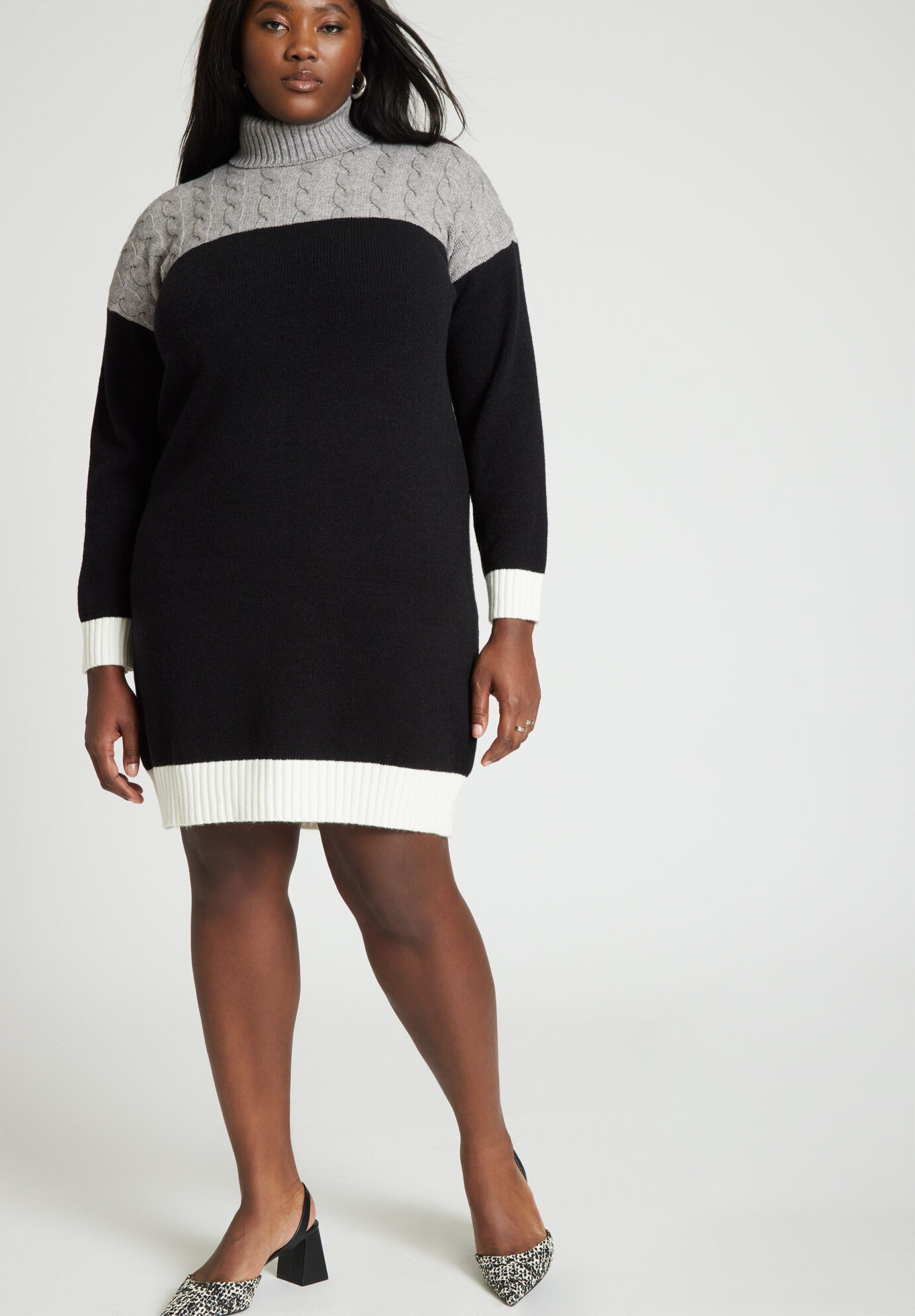 Plus Size Dropped Shoulder Collared Turtleneck Sweater Short Colorblocking Dress