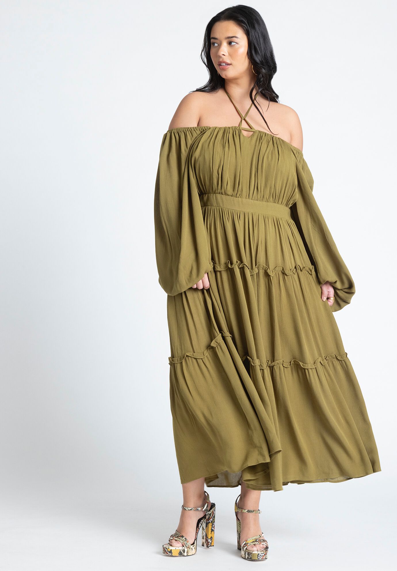 Plus Size Self Tie Tiered Cutout Off the Shoulder Maxi Dress With Ruffles