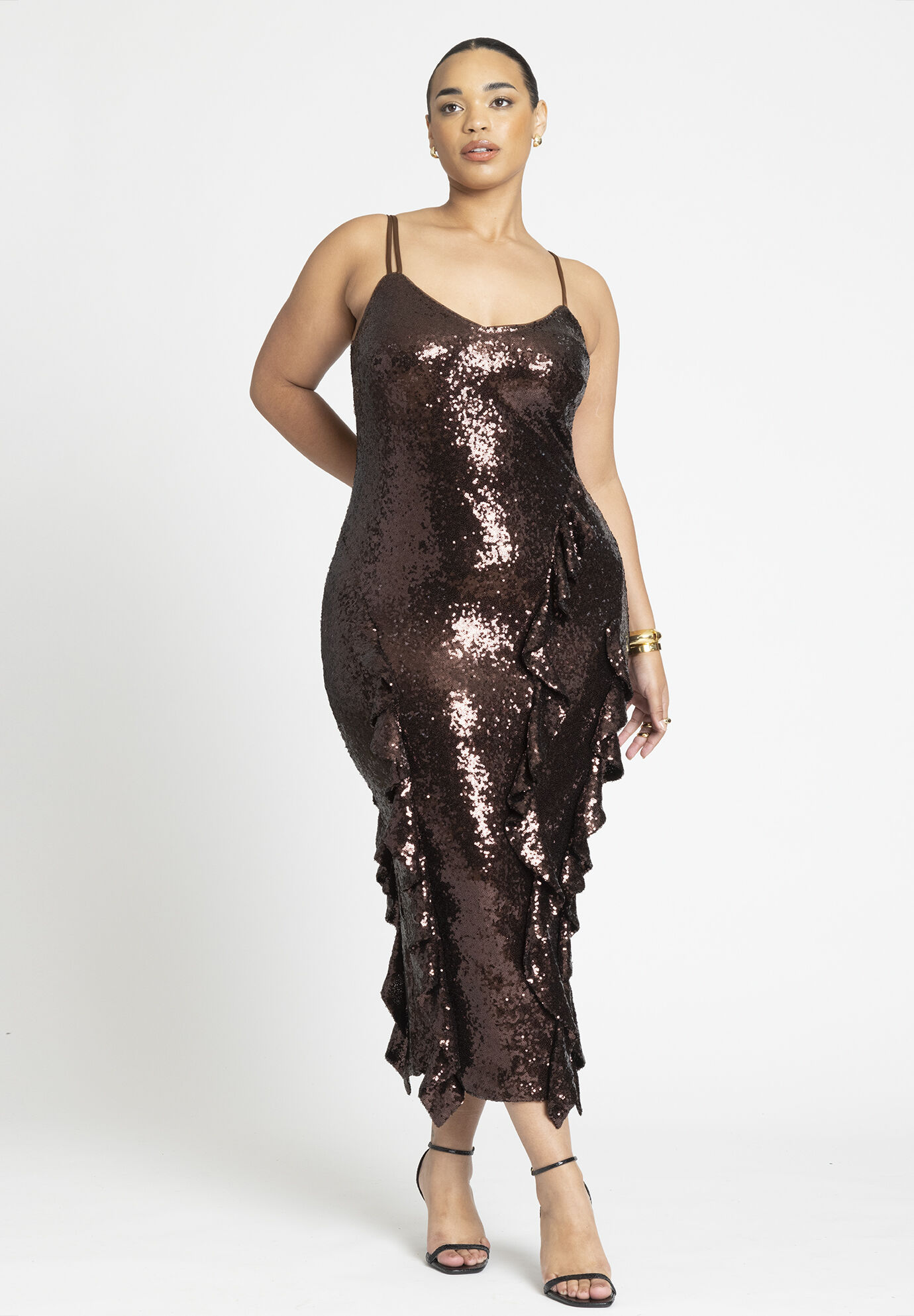 Plus Size V Back Back Zipper Sequined Mesh Maxi Dress With Ruffles