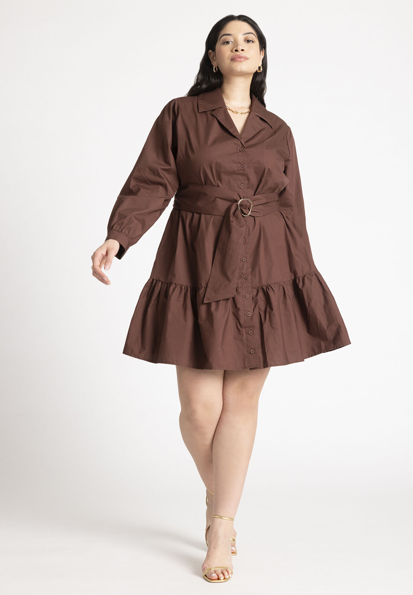 Plus Size Belted Short Puff Sleeves Sleeves Dropped Shoulder Shirt Dress