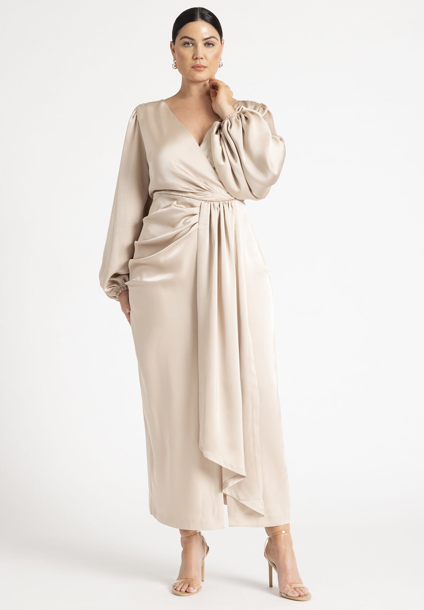 Puff-Sleeve Pleated Satin Midi Dress