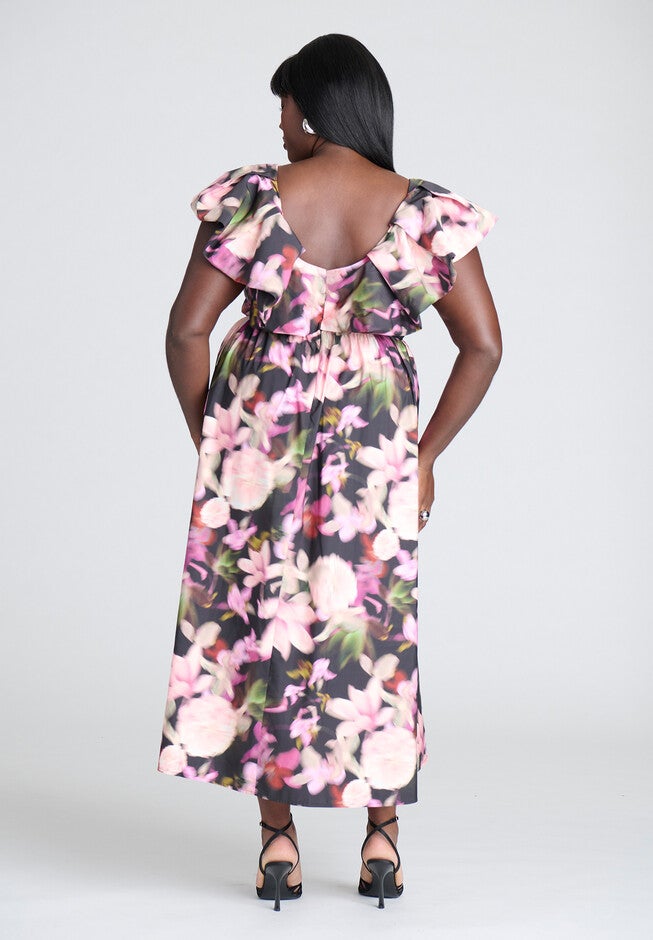 Ruffle Neckline Floral Dress, BLURRY BLOOMS, on-hover image number null