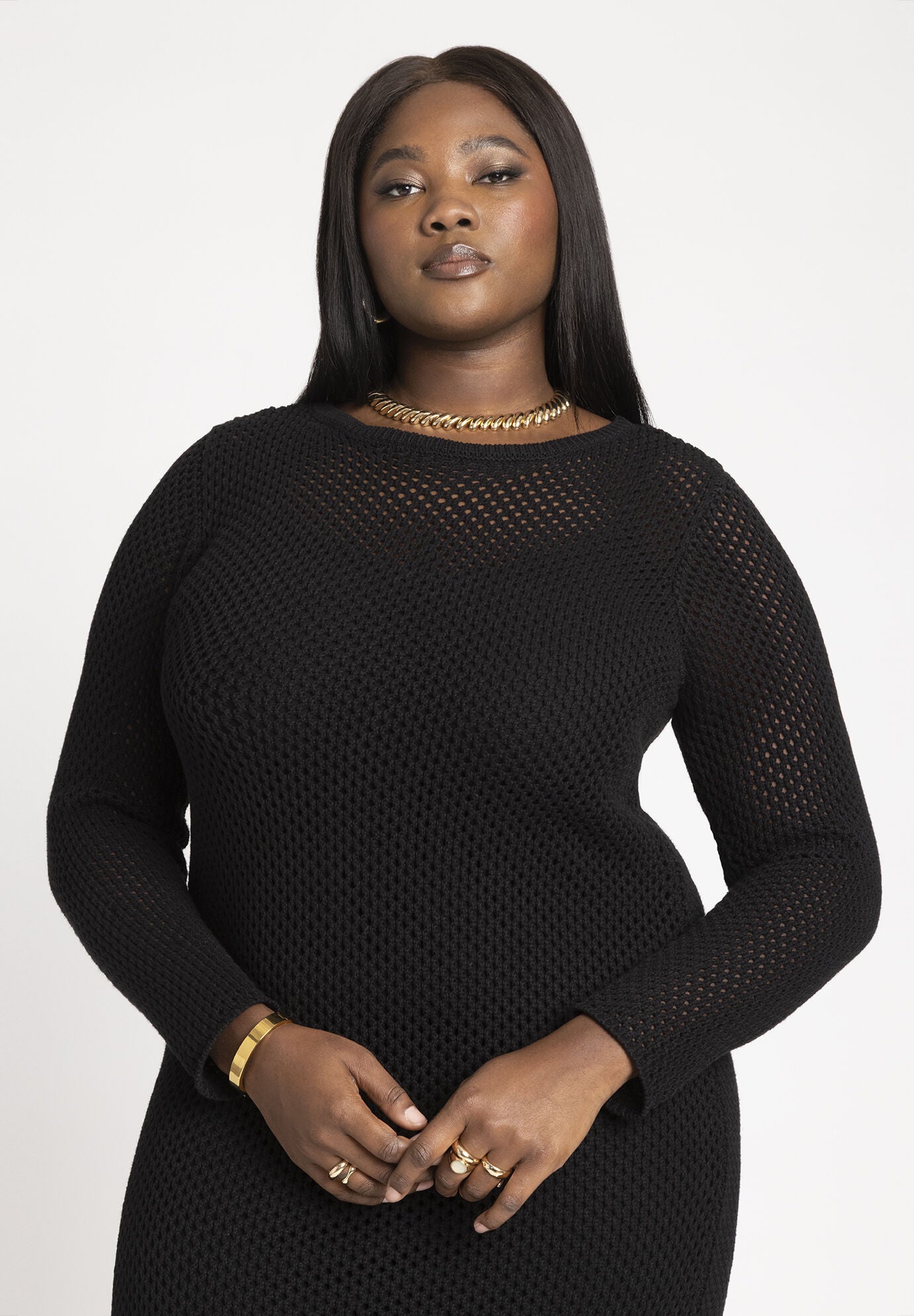 Crochet Open Stitch Maxi Dress With Ruffles, BLACK ONYX, alternate image number 3