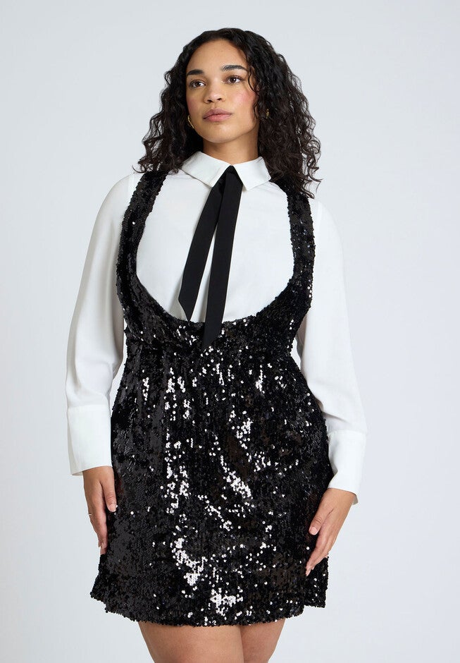 Bow Blouse Sequin Mini Dress, BLACK ONYX, alternate image number null