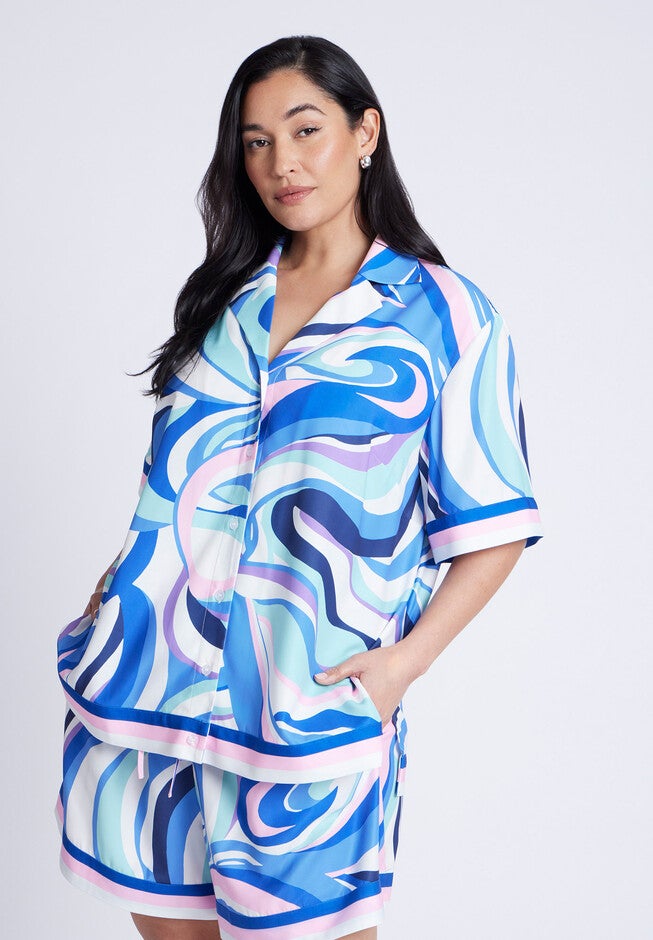 Printed Relaxed Top, SABRINA SWIRLS BLUES, hi-res image number null