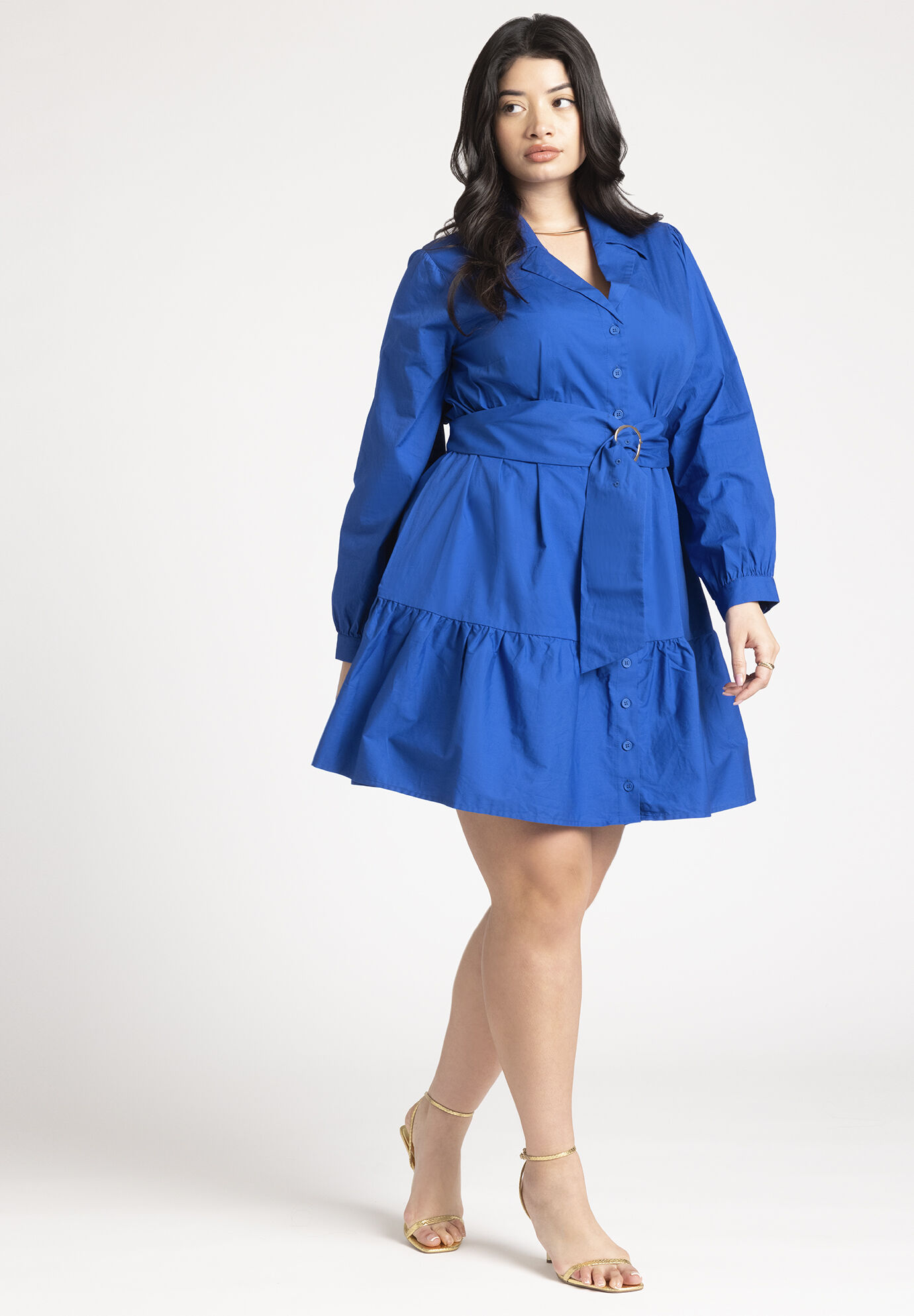 Plus Size Short Belted Puff Sleeves Sleeves Dropped Shoulder Shirt Dress