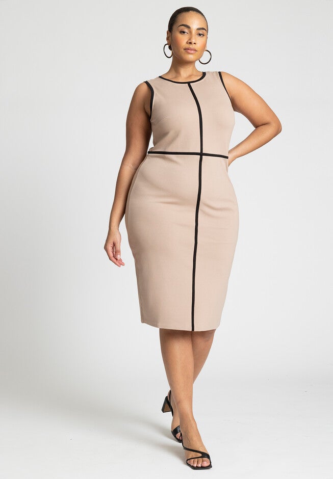Sleeveless Piped Workwear Dress, NATURAL, on-hover image number null