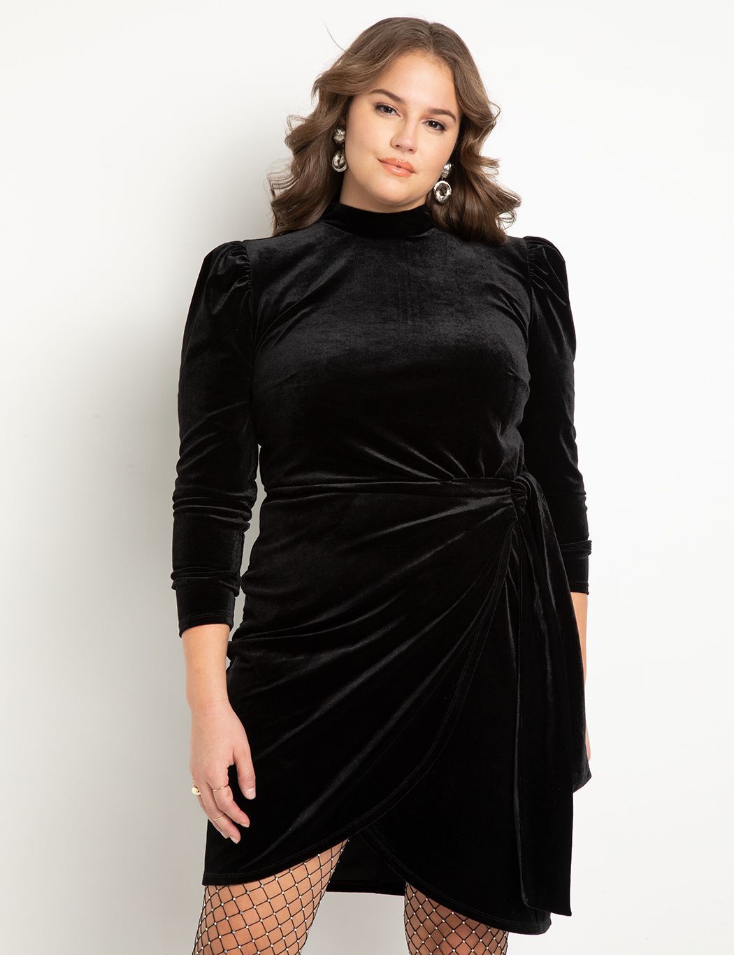 Velvet Mini Dress with Wrap Skirt, TOTALLY BLACK, on-hover image number 1