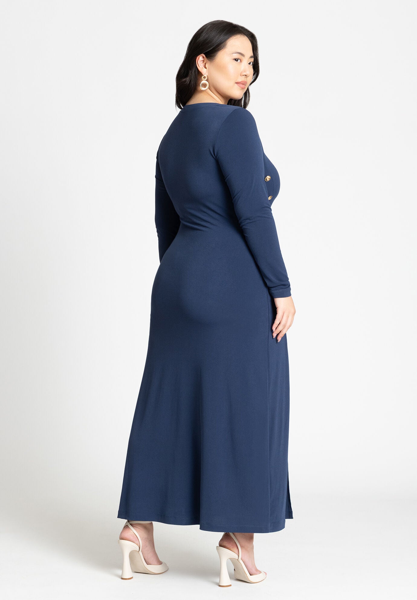 Button Detail Midi Dress Close Fit Long Sleeve Naval Blue Eloquii