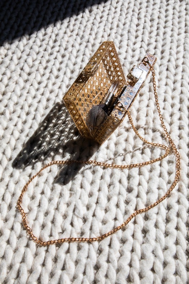 Cane Rattan Acrylic Clutch, BROWN, alternate image number null