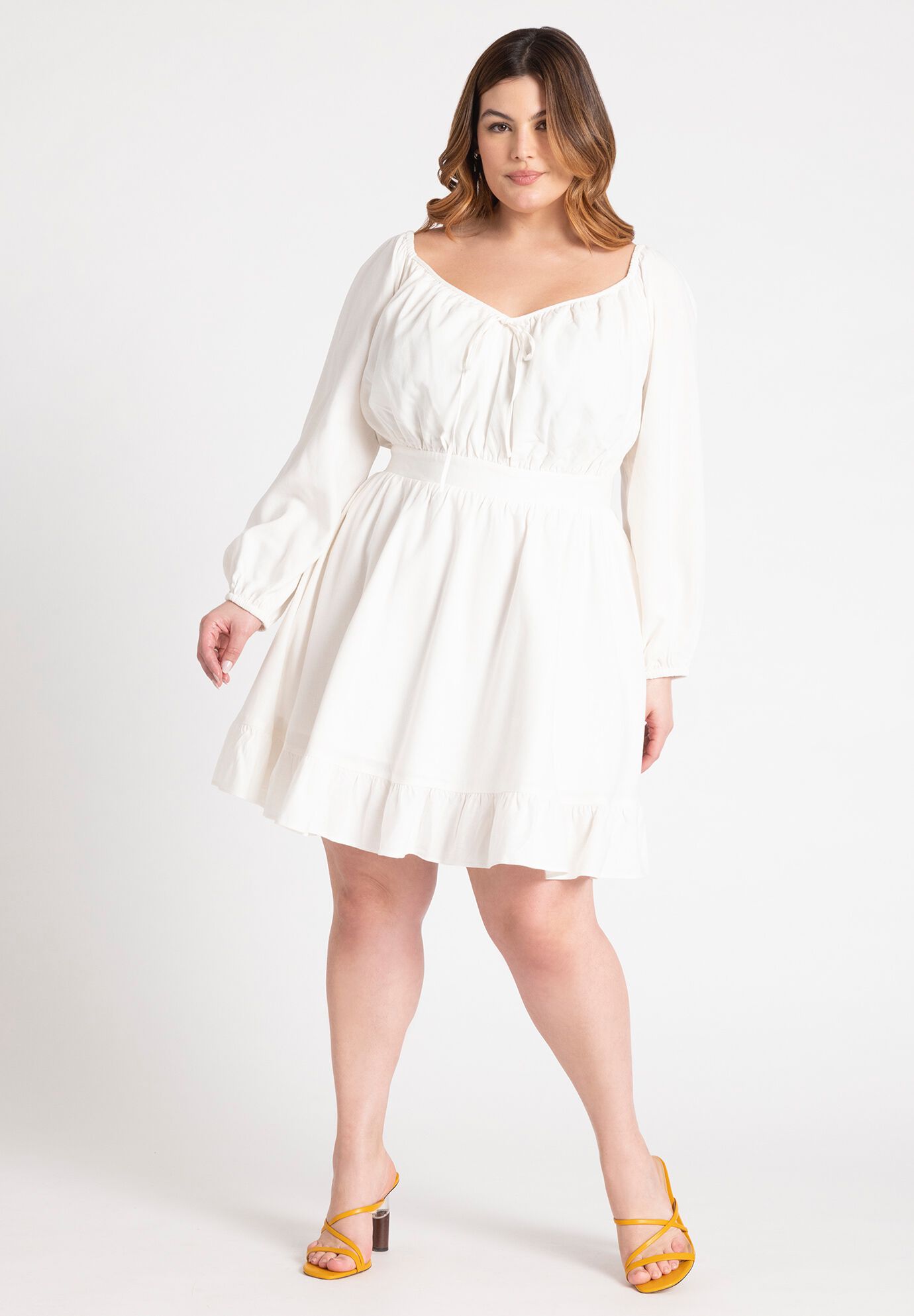 Plus Size Puff Sleeves Sleeves Short Shirred Elasticized Waistline Dress With Pearls