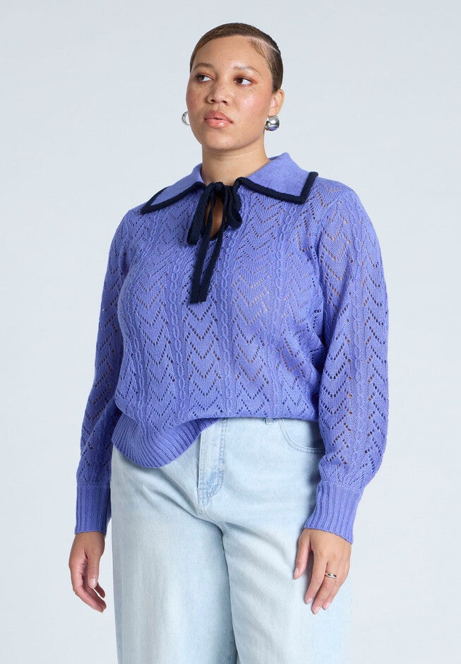 Collared Sweater With Tie, DEEP PERIWINKLE, hi-res image number null