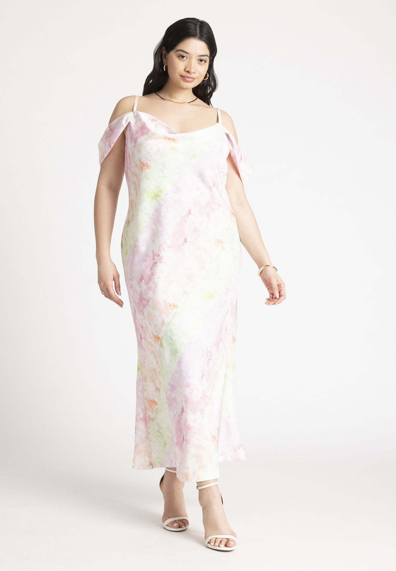 Plus Size Cowl Neck Draped Floral Print Off the Shoulder Maxi Dress