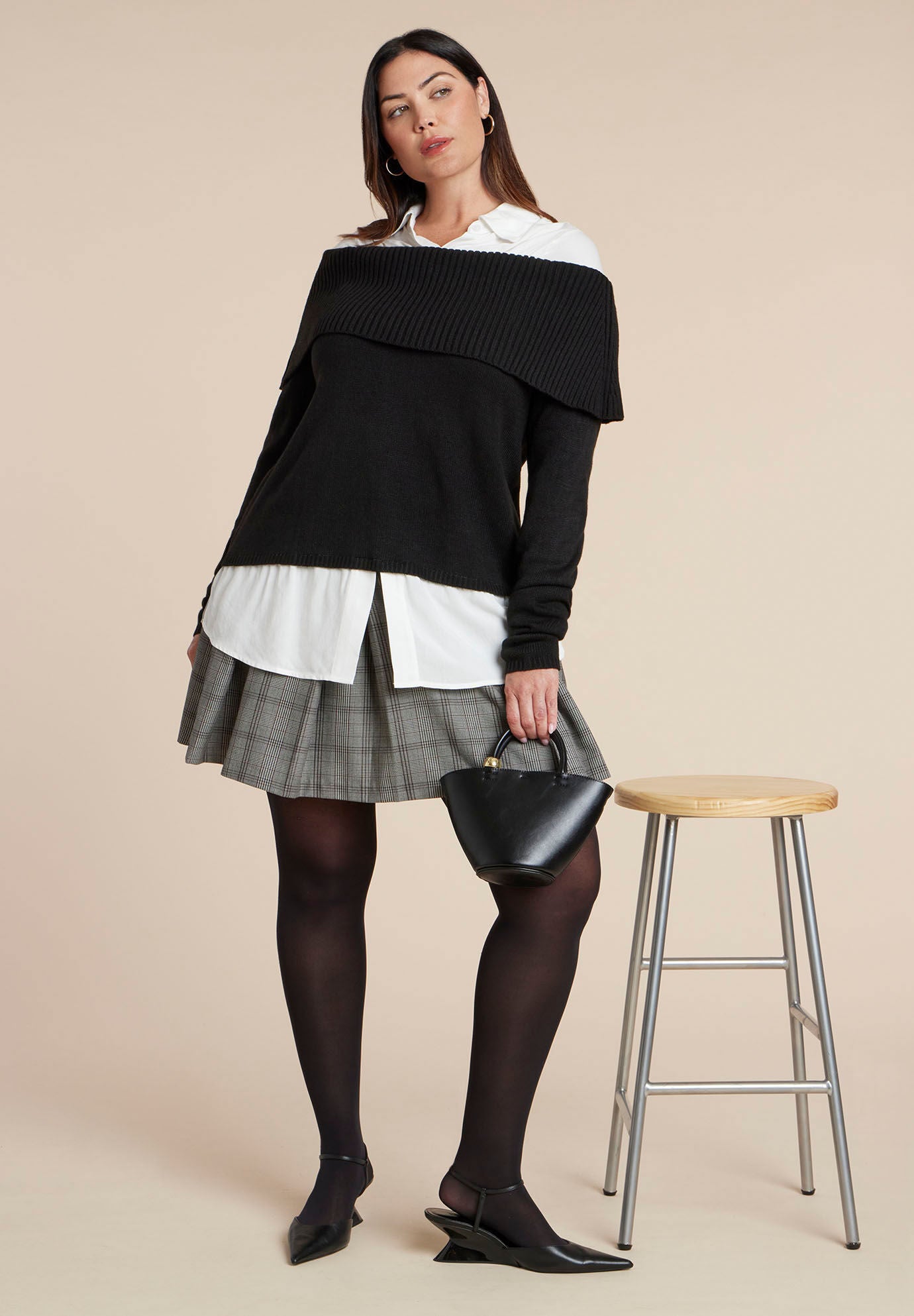 Off The Shoulder Twofer Sweater, BLACK WHITE, on-hover image number 1